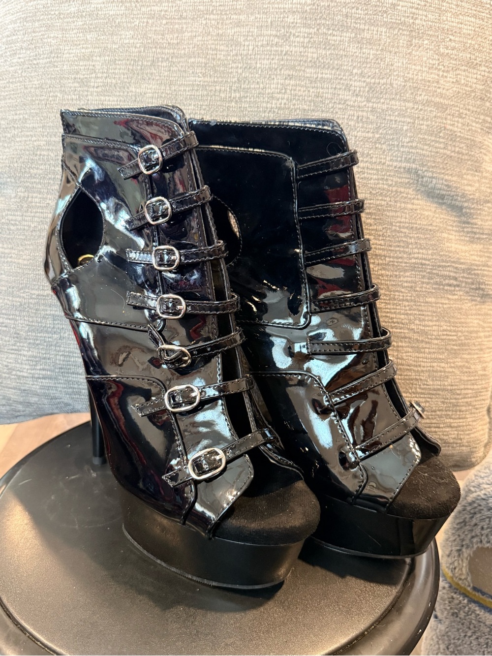 Pleaser Black Patent Strappy Platform Peep-Toe Ankle Boots